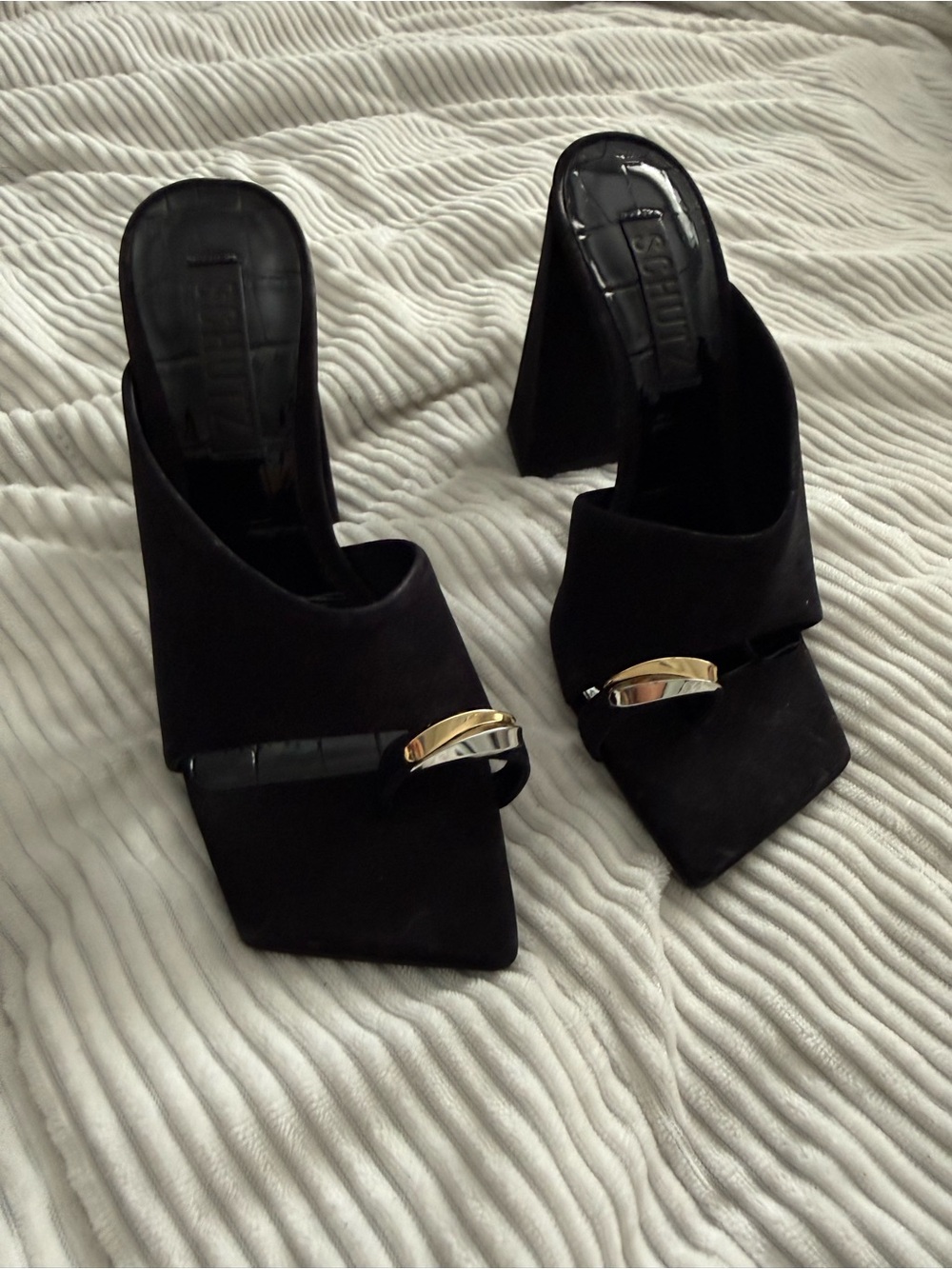 Women's Black Suede Heeled Mules with Gold Accent - Picture 2 of 7